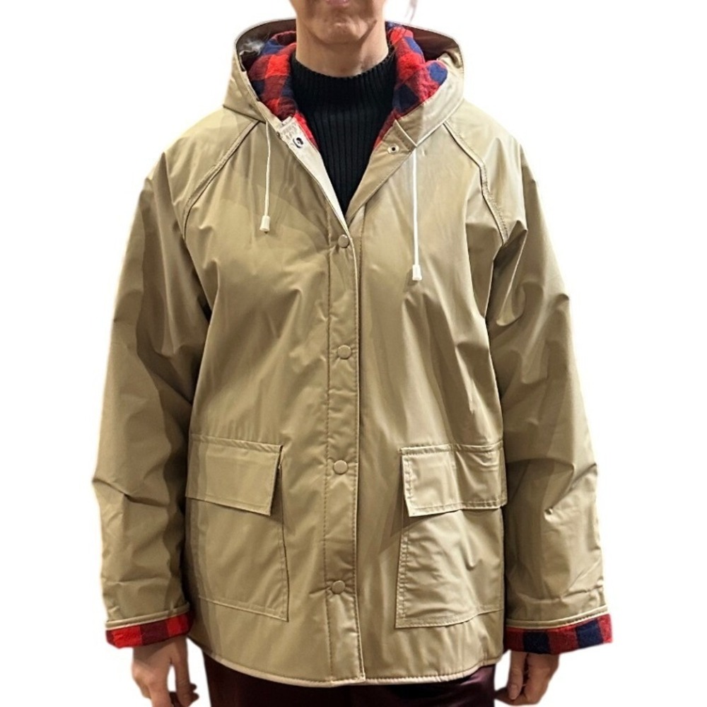 Vintage Tan Hooded Rain Jacket Plaid Flannel Lined Utility Workwear Unisex Large
